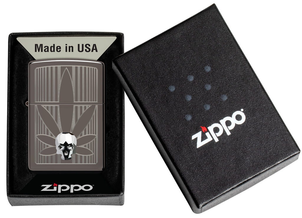 Zippo Cannabis Design Black Ice Windproof Lighter in its packaging.