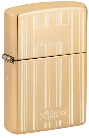 Front view of Zippo Design High Polish Brass Windproof Lighter standing at a 3/4 angle.