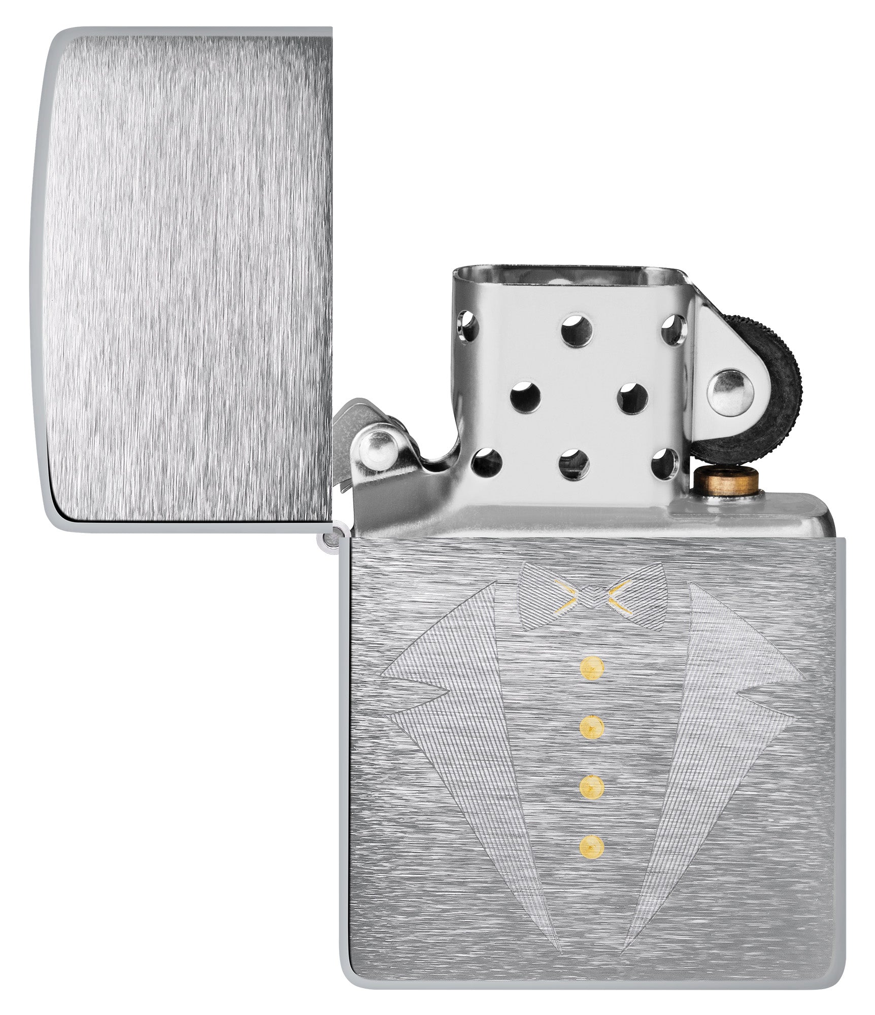 Gold Tux & Bowtie Design Windproof Lighter with its lid open and unlit
