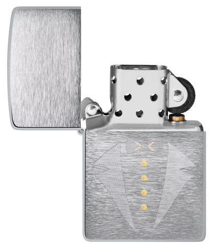 Gold Tux & Bowtie Design Windproof Lighter with its lid open and unlit