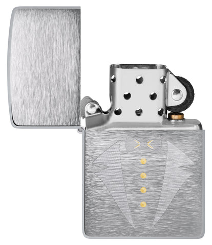 Gold Tux & Bowtie Design Windproof Lighter with its lid open and unlit