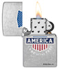 Zippo Buck Wear Street Chrome Windproof Lighter with its lid open and lit.