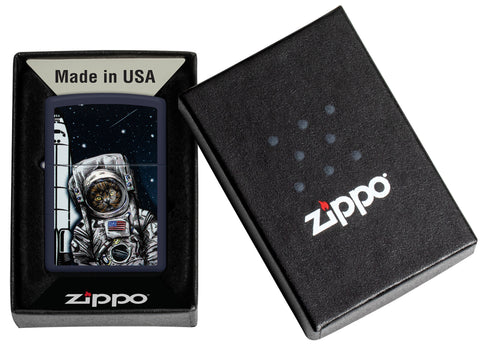 Zippo Space Kitten Navy Matte Windproof Lighter in its packaging.