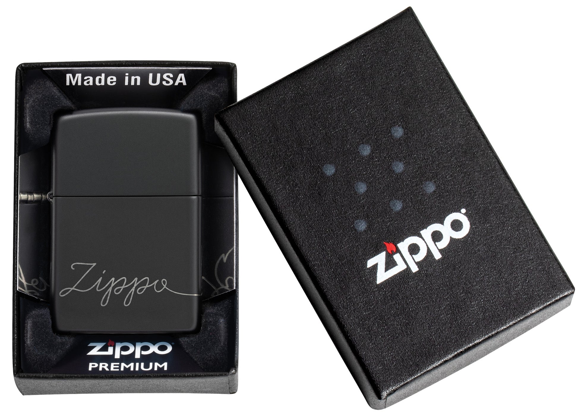 Zippo Design Black Matte with Chrome Windproof Lighter in its packaging.