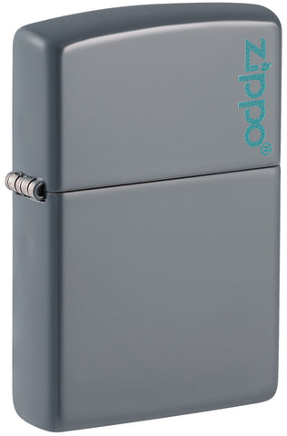 Front shot of Classic Flat Grey Zippo Logo Windproof Lighter standing at a 3/4 angle