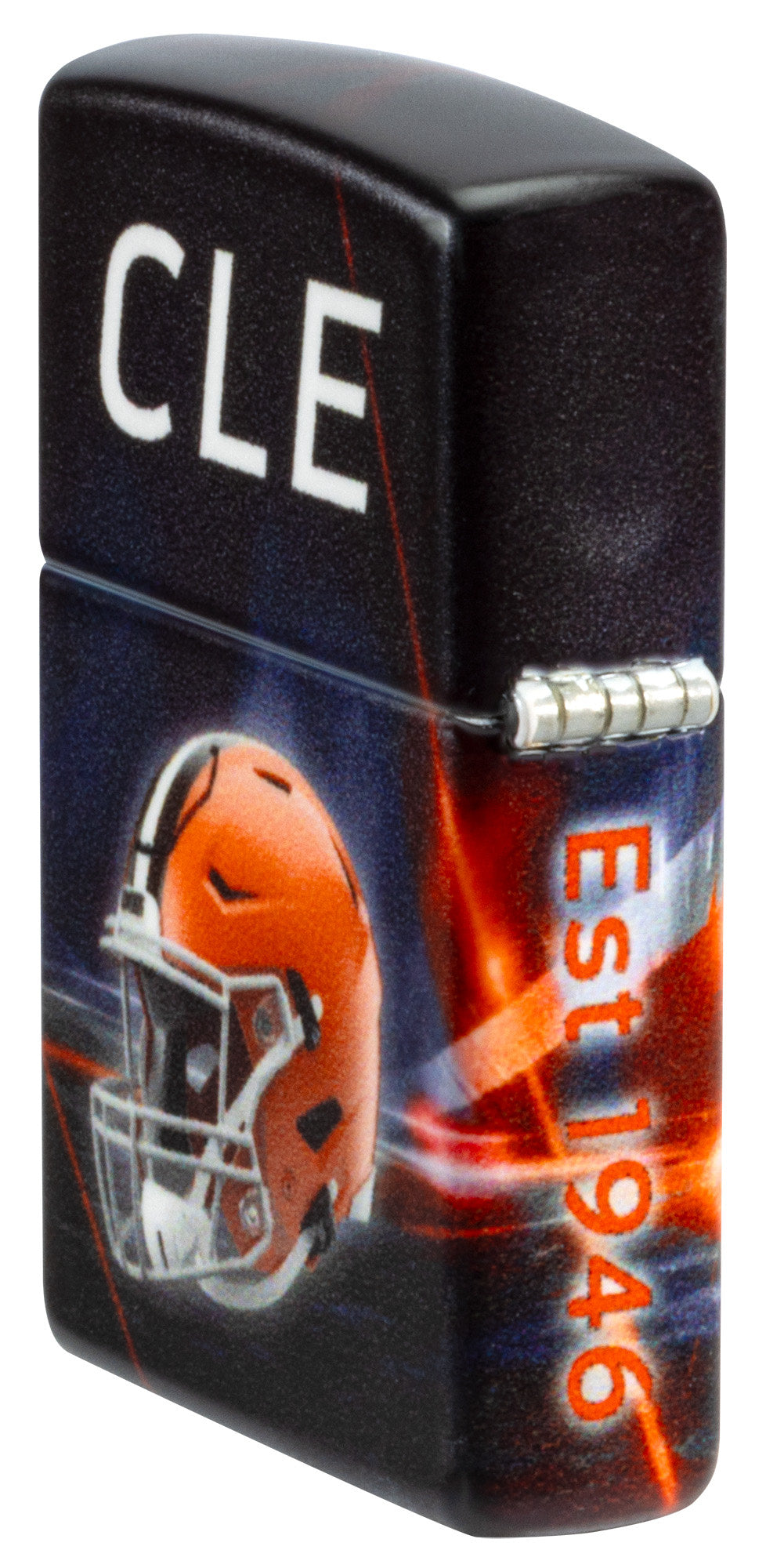 Angled shot of Zippo NFL Cleveland Browns 540 Matte Windproof Lighter showing the back and hinge sides of the lighter.