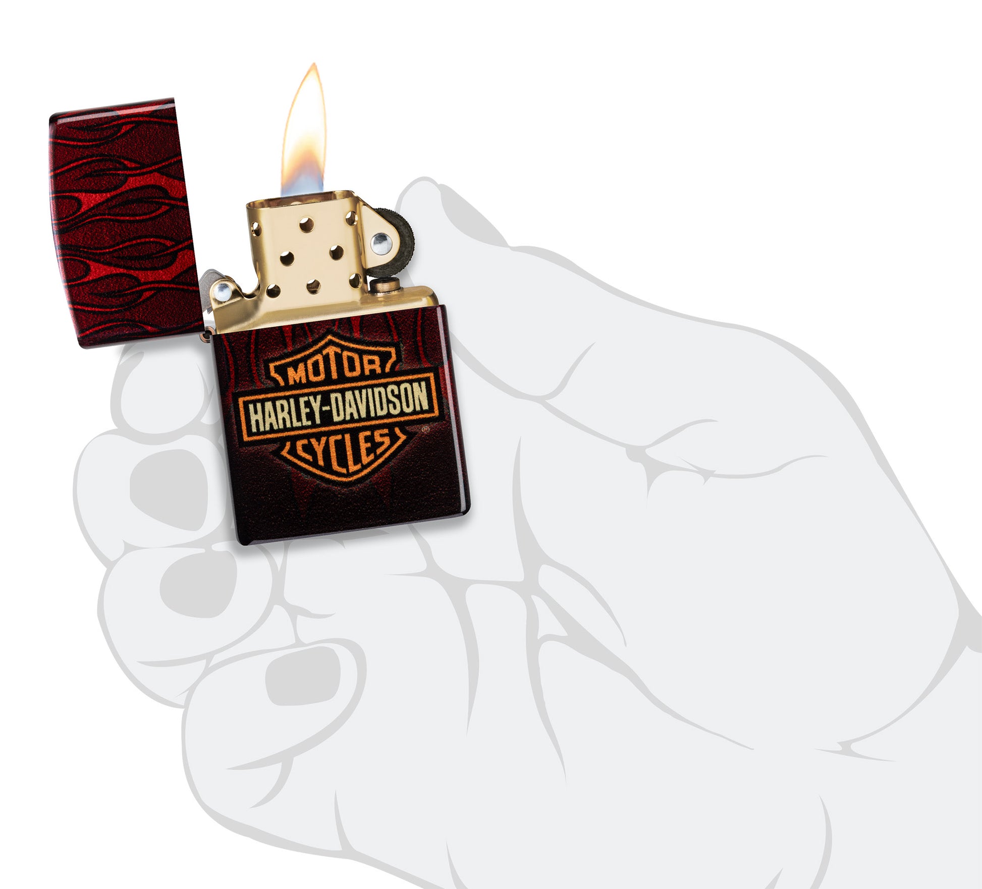 Zippo Harley-DavidsonÂ® 540 Tumbled Brass Windproof Lighter lit in hand.
