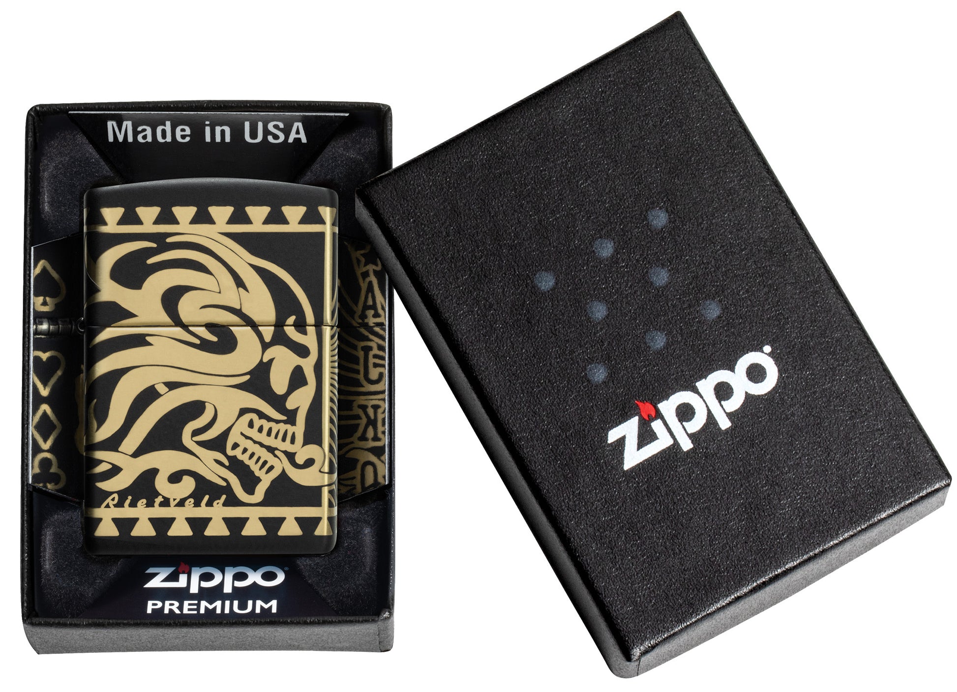 Zippo Rick Rietveld Laser 360 Black Matte Windproof Lighter in its packaging.