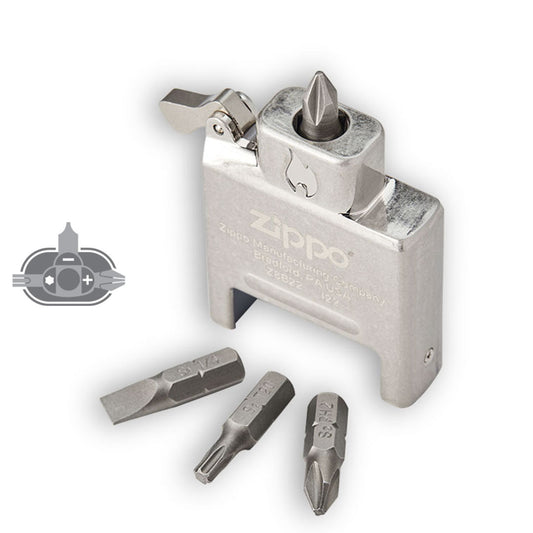 Zippo Bit Safe 4-in-1 Screwdriver Lighter Insert standing at a 3/4 angle with the Phillips head and other screw bits displayed.