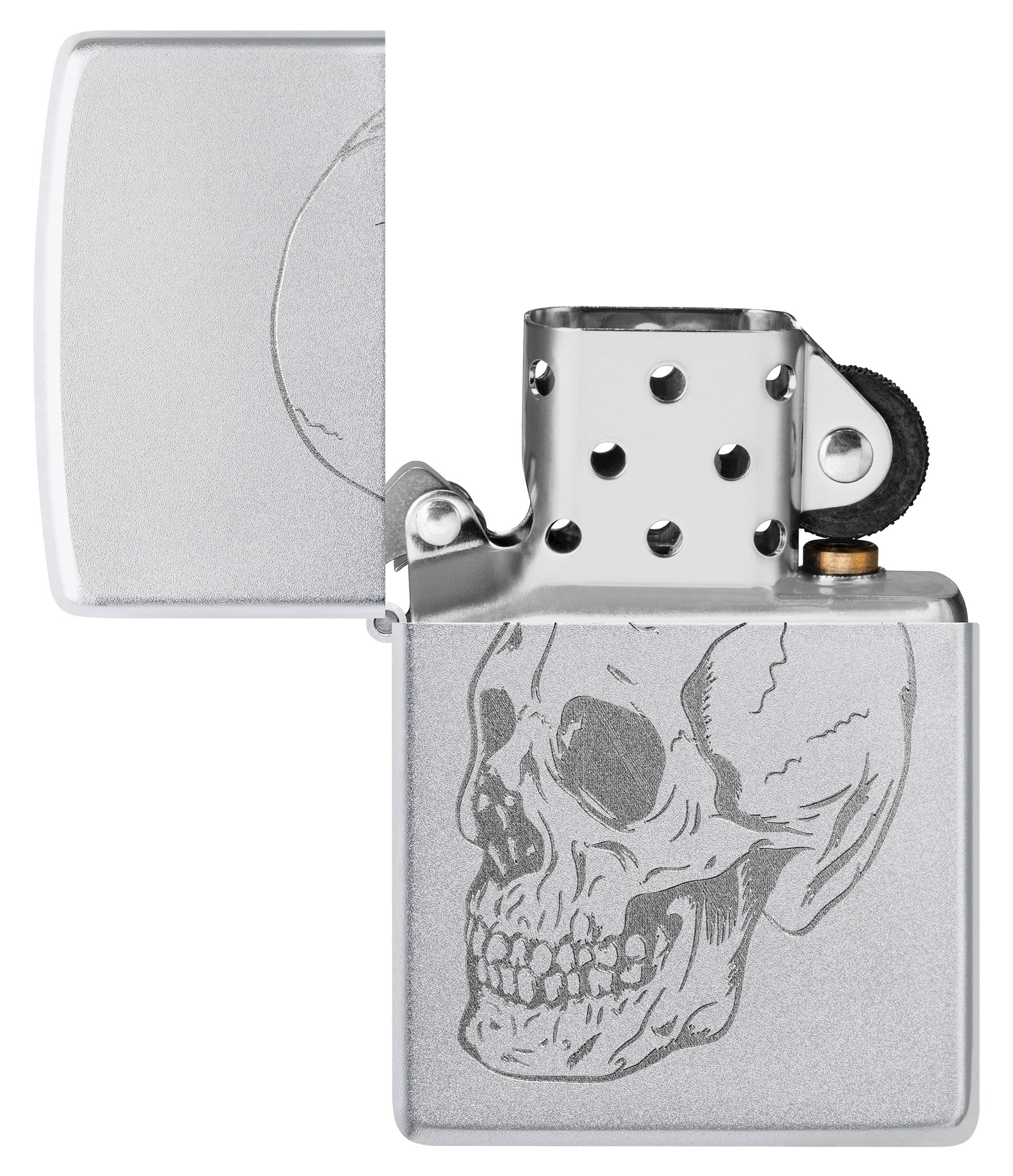 Zippo Subtle Skull Design Satin Chrome Windproof Lighter with its lid open and unlit.