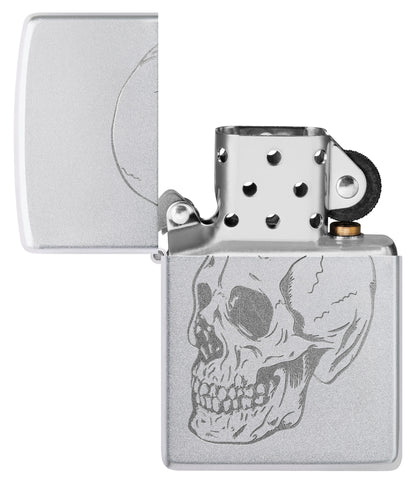 Zippo Subtle Skull Design Satin Chrome Windproof Lighter with its lid open and unlit.