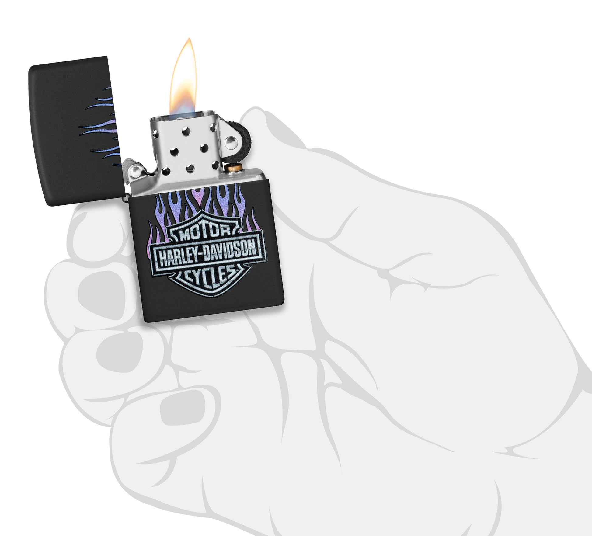 Zippo Harley DavidsonÂ® Flames Black Matte Windproof Lighter lit in hand.