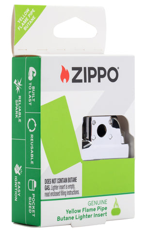 Front angled shot of Zippo Yellow Flame Pipe Lighter Insert in its packaging.