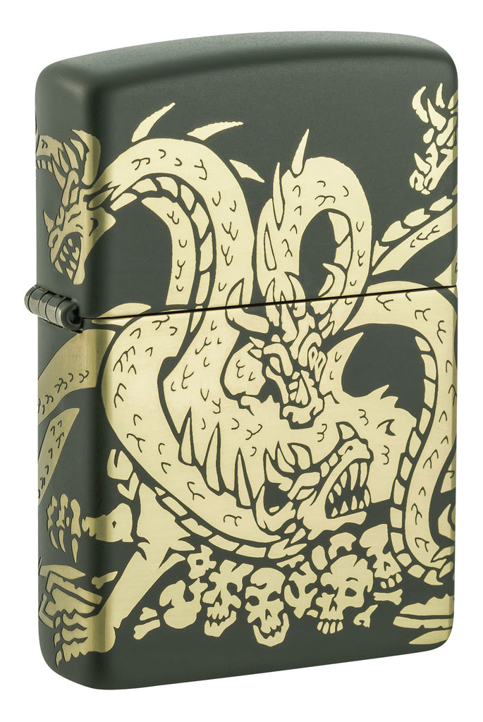 Front angled shot of Zippo Dragon Design Green Matte Windproof Lighter standing at a 3/4 angle.