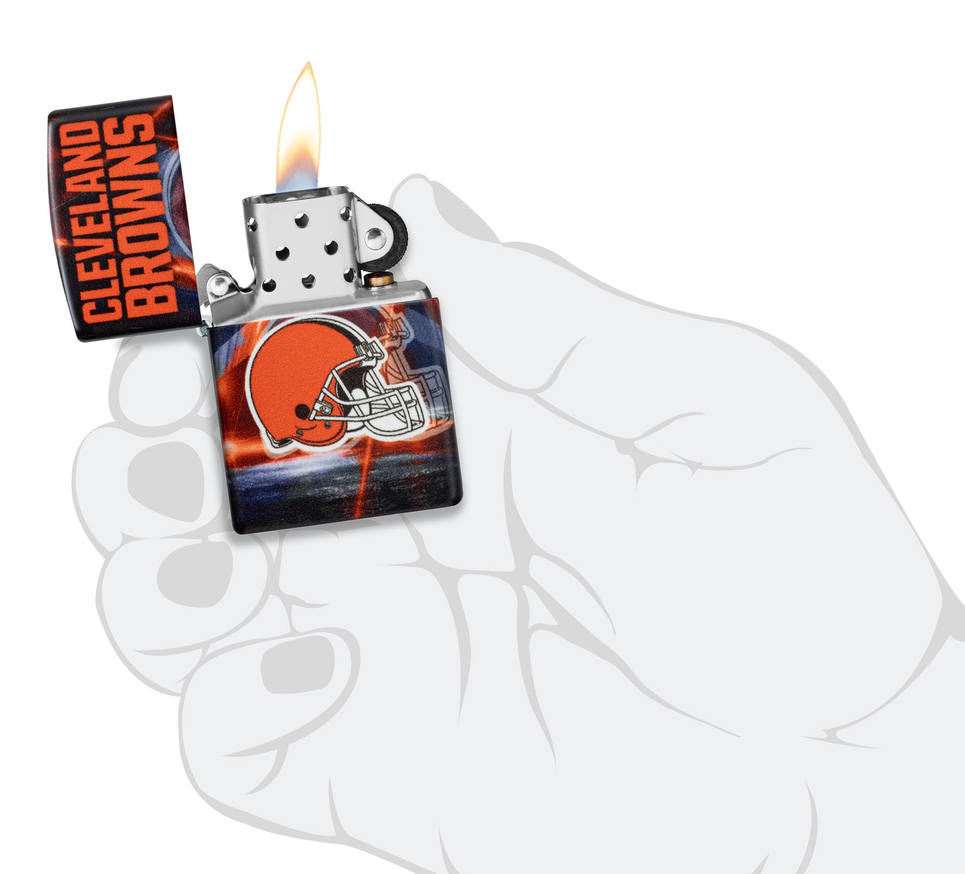 Zippo NFL Cleveland Browns 540 Matte Windproof Lighter lit in hand.