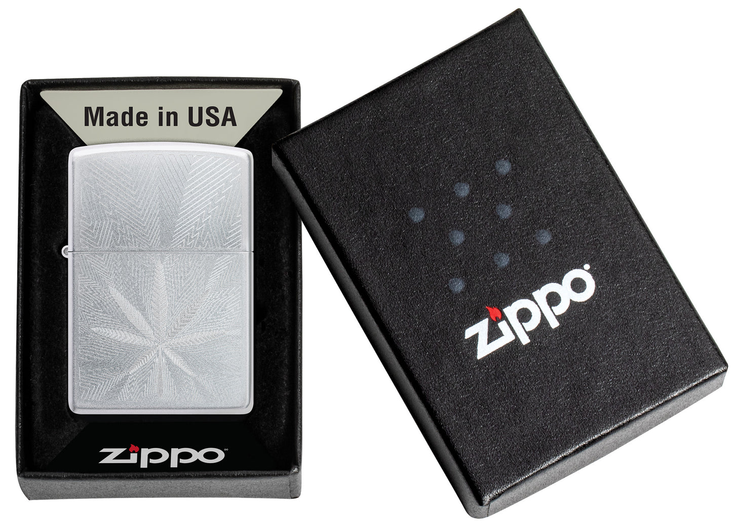 Zippo Luxury Leaf Design Satin Chrome Windproof Lighter in its packaging.
