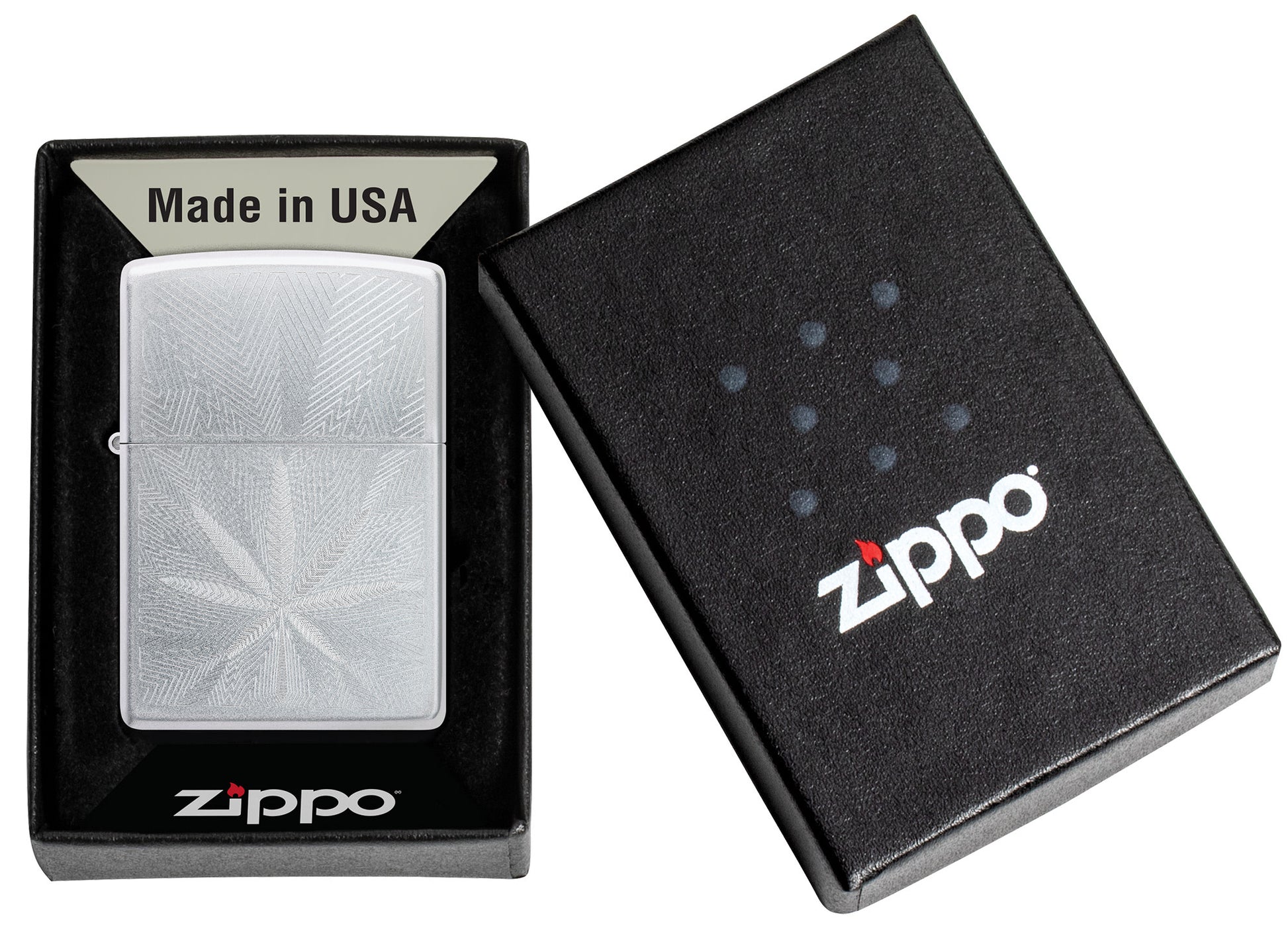 Zippo Luxury Leaf Design Satin Chrome Windproof Lighter in its packaging.