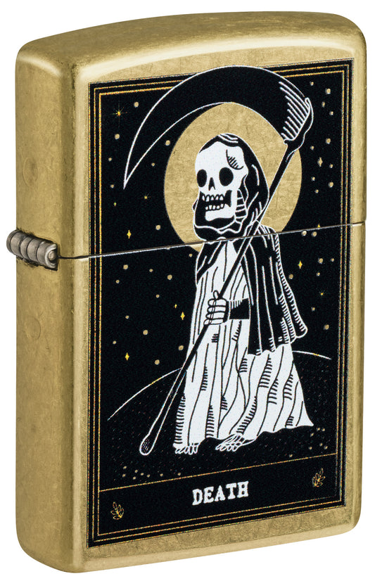 Front shot of Zippo Death Card Desig Street Brass Windproof Lighter standing at a 3/4 angle.