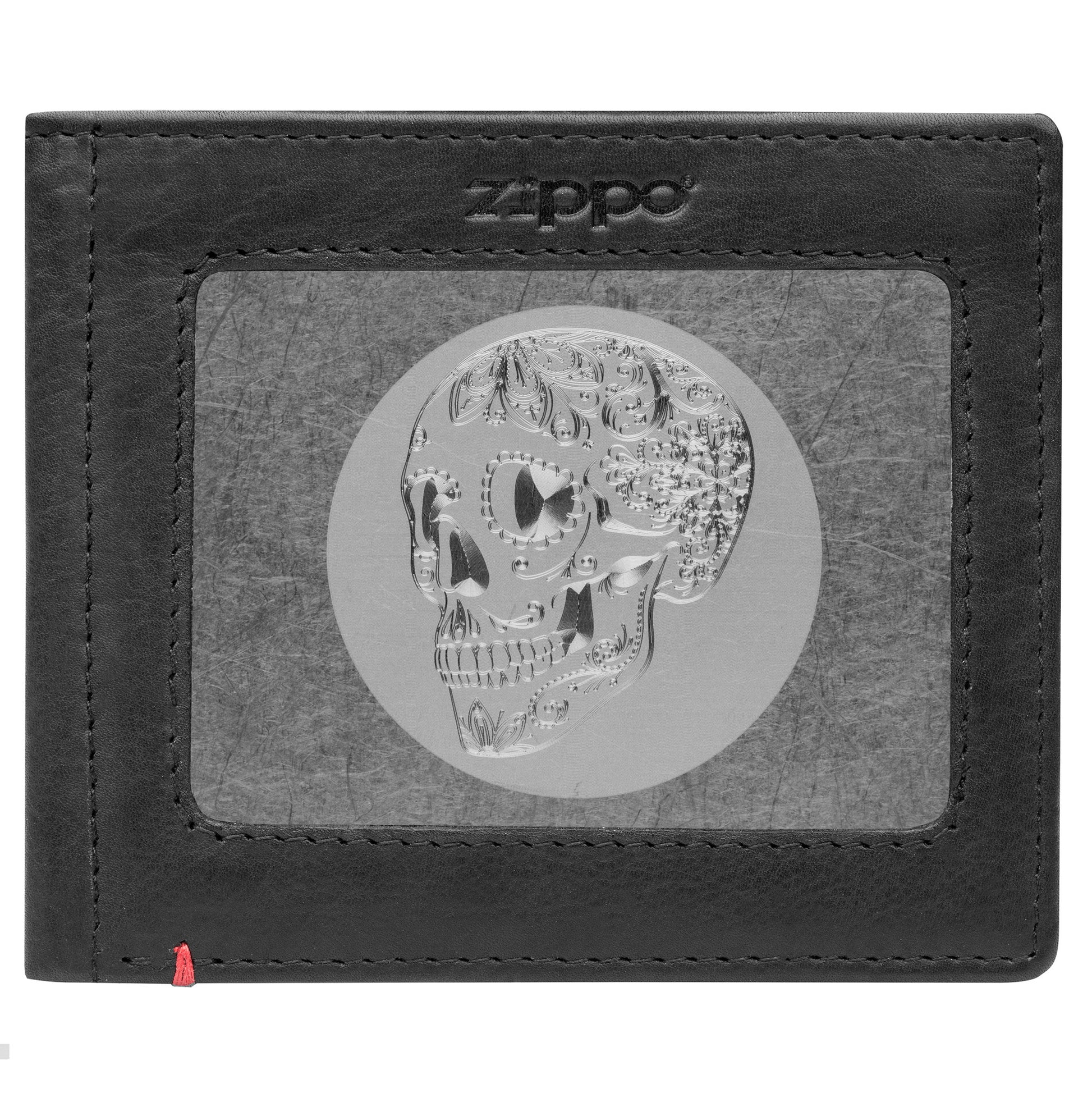 Front of black Leather Wallet With Skull Metal Plate - ID Window