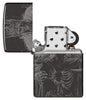 Zippo Skull King Design High Polish Black Windproof Lighter with its lid open and unlit.