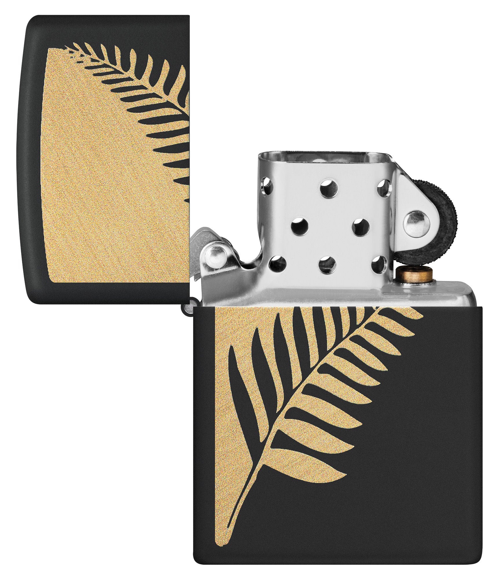 Zippo Zen Flora Design Black Matte Windproof Lighter with its lid open and unlit.