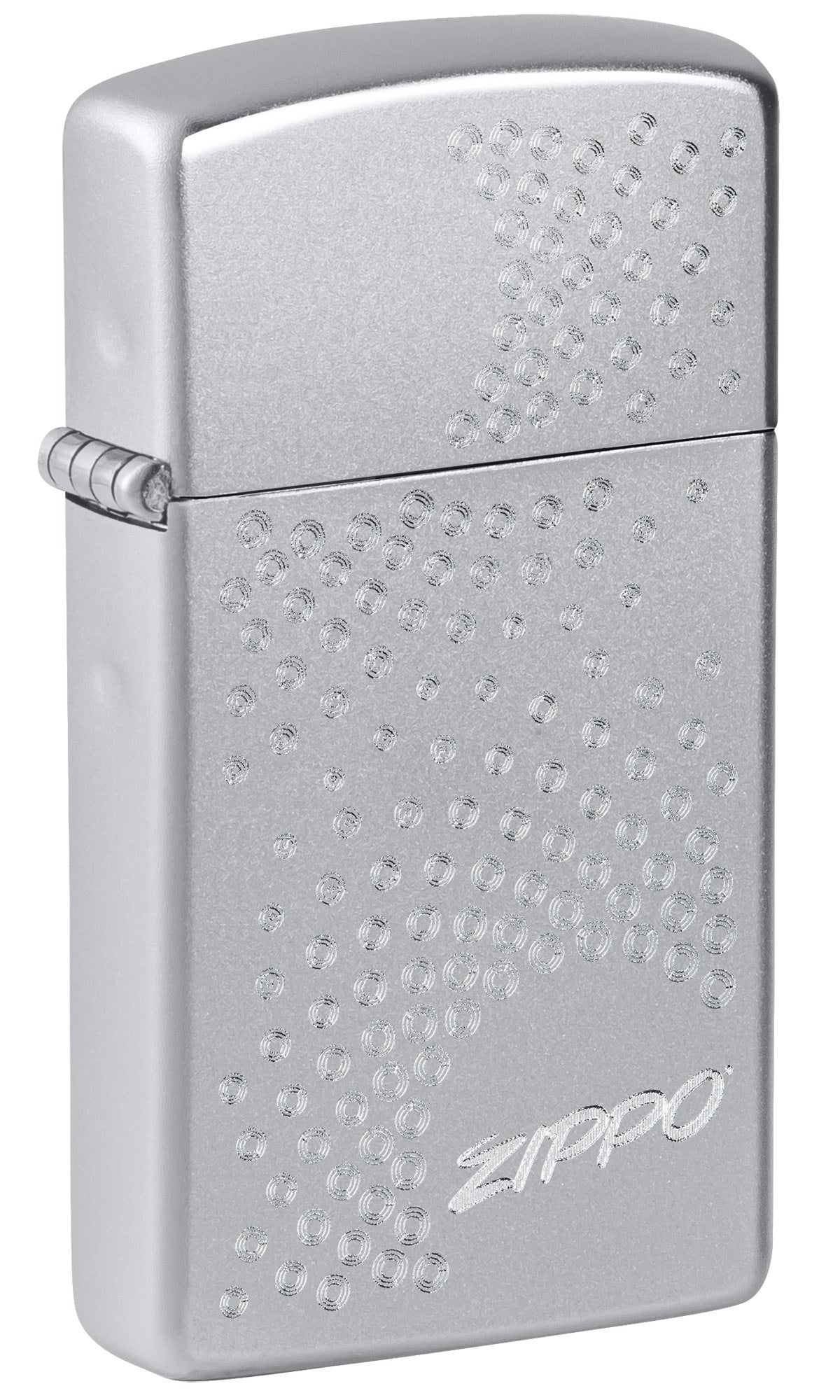 Front shot of SlimÂ® Zippo Dot Design Satin Chrome Windproof Lighter standing at a 3/4 angle.