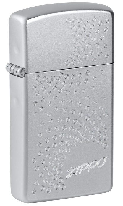 Front shot of SlimÂ® Zippo Dot Design Satin Chrome Windproof Lighter standing at a 3/4 angle.