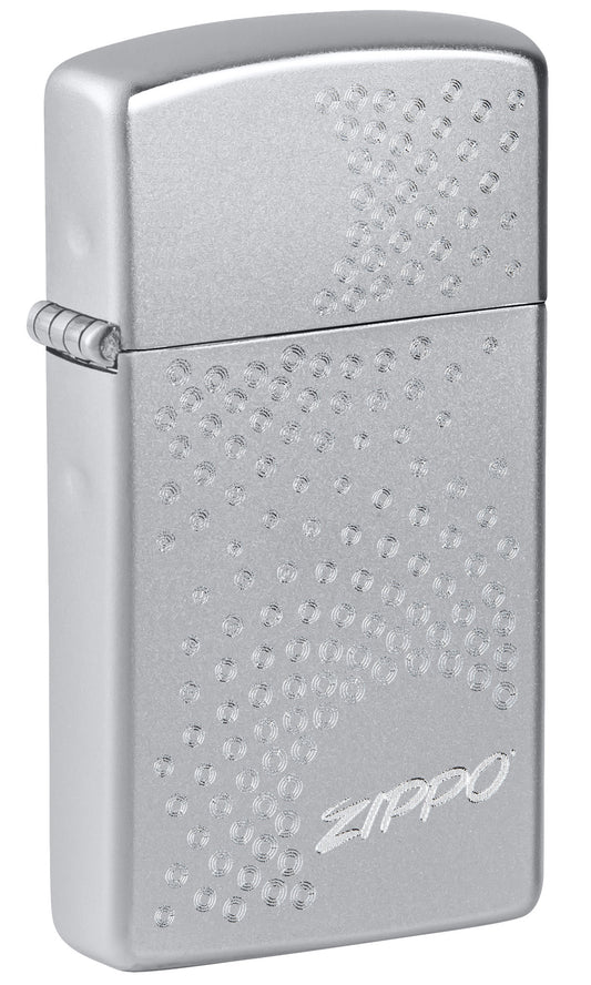 Front shot of SlimÂ® Zippo Dot Design Satin Chrome Windproof Lighter standing at a 3/4 angle.
