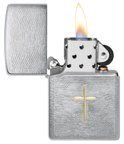 Zippo Angel Aura Design Brushed Chrome Windproof Lighter with its lid open and lit.