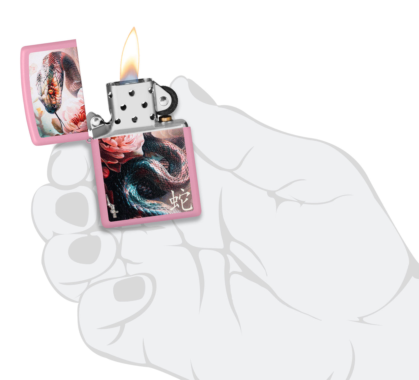 Zippo MazziÂ® Snake and Flower Design Pink Matte Windproof Lighter lit in hand.