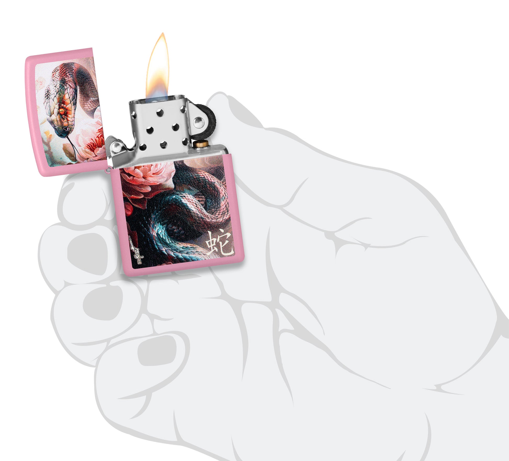Zippo MazziÂ® Snake and Flower Design Pink Matte Windproof Lighter lit in hand.