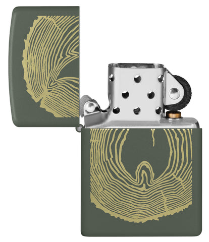 Zippo Wood Ring Design Green Matte Windproof Lighter with its lid open and unlit.