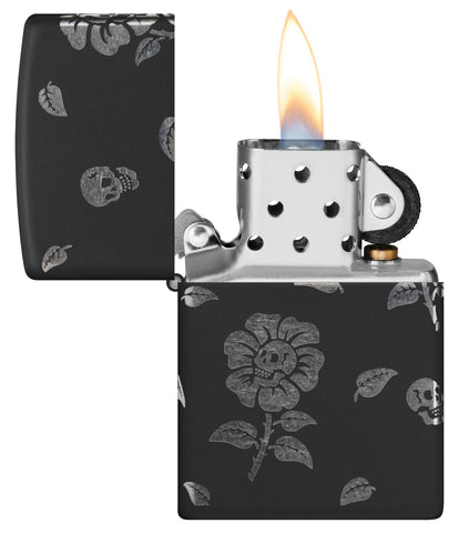 Zippo Flower Skulls Design Black Matte with Chrome Windproof Lighter with its lid open and lit.