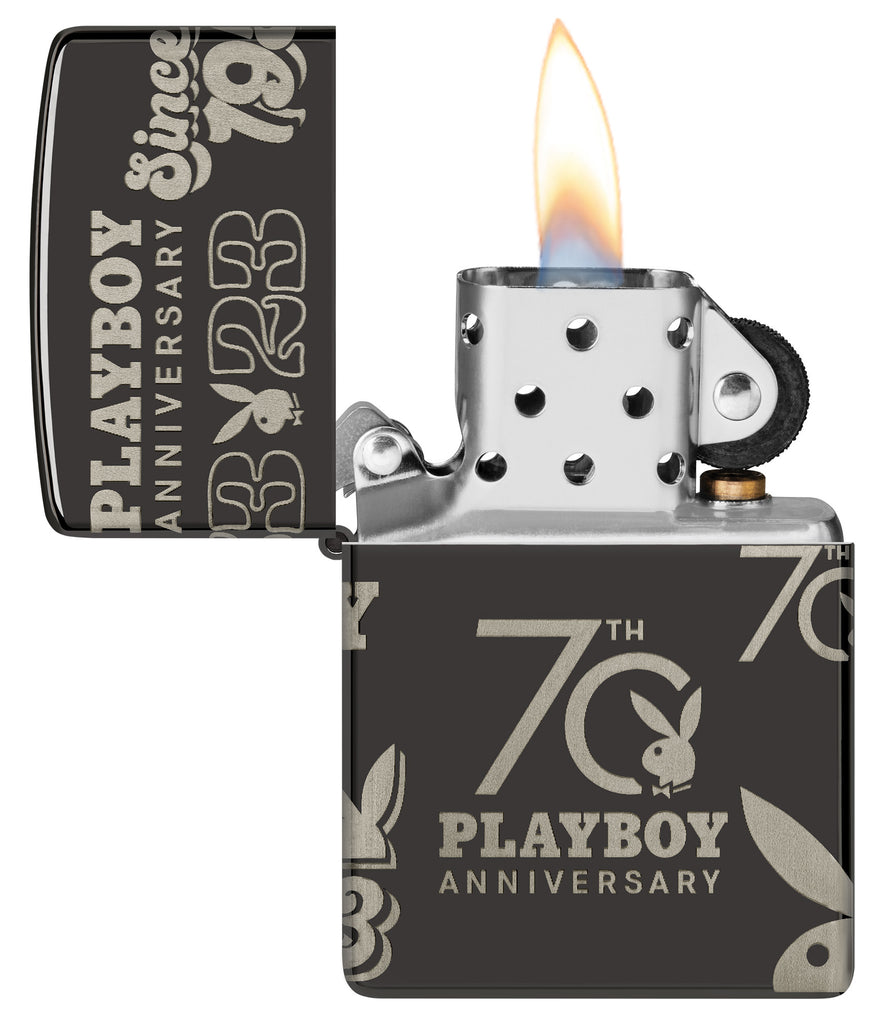 Zippo Playboy 70th Anniversary High Polish Black Windproof Lighter with its lid open and lit.
