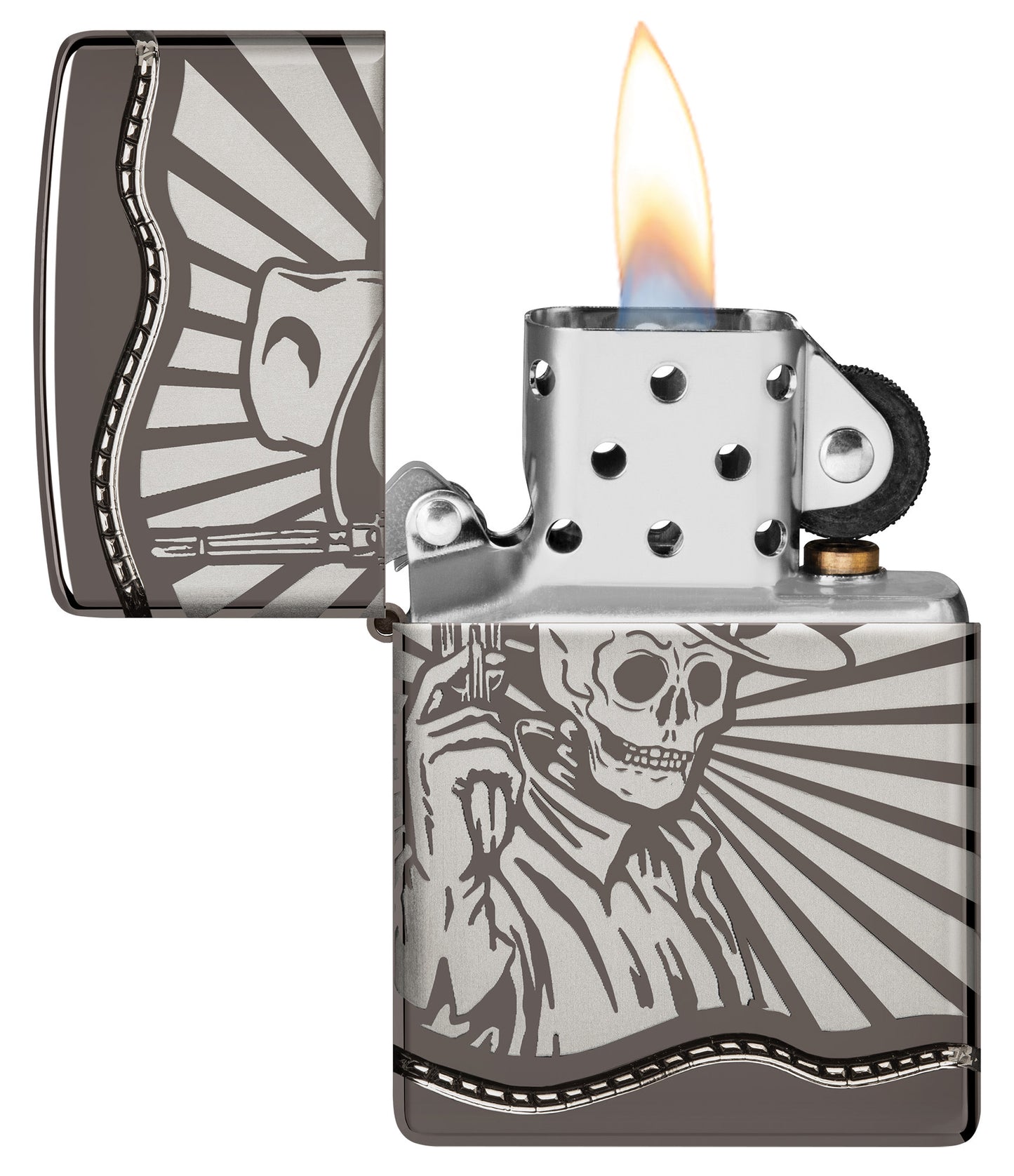 Zippo Skeleton Cowboy Design ArmorÂ® Black Ice Windproof Lighter with its lid open and lit.