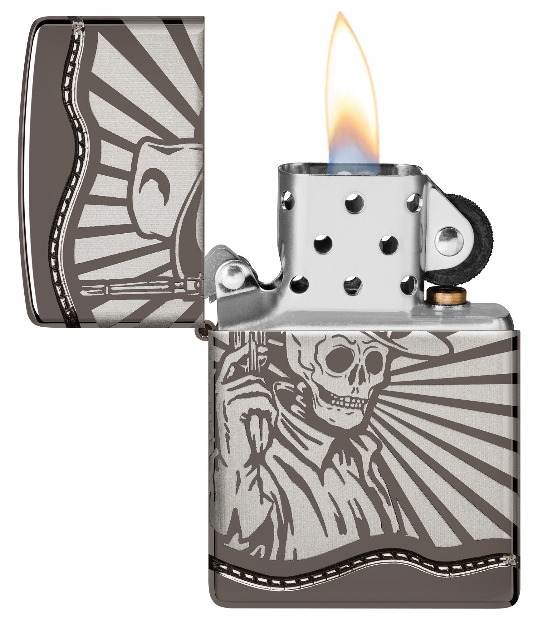 Zippo Skeleton Cowboy Design ArmorÂ® Black Ice Windproof Lighter with its lid open and lit.