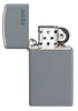 Slim® Flat Grey Zippo Logo Windproof Lighter with its lid open and unlit.