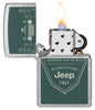 Zippo Jeep Street Chrome Windproof Lighter with its lid open and lit.