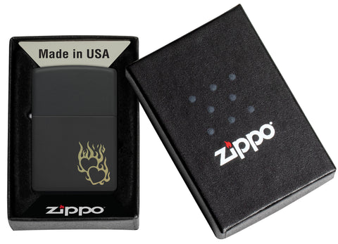 Zippo Fire Heart Design Black Matte Windproof Lighter in its packaging.