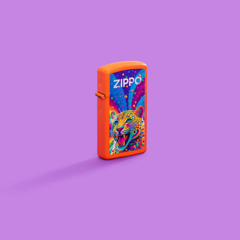 Lifestyle image of Zippo Leopard Design Slim Orange Matte Windproof Lighter on a purple background.