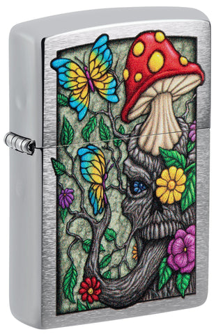 Front shot of Zippo Freaky Nature Design Brushed Chrome Windproof Lighter standing at a 3/4 angle.