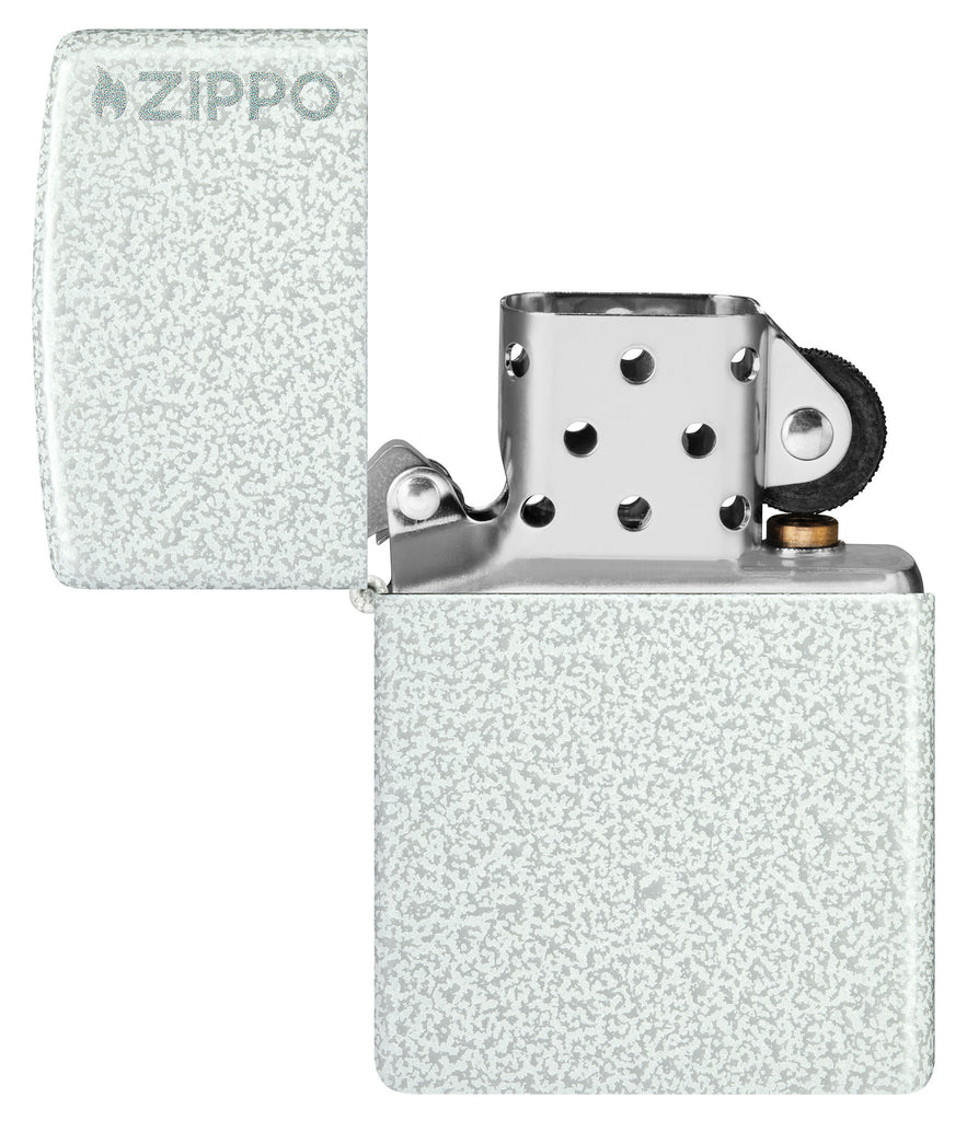Zippo Classic Glacier Logo Windproof Lighter with its lid open and unlit.