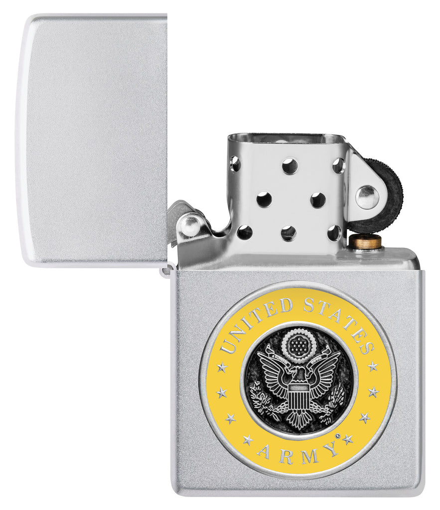 Zippo United States Army® Emblem Satin Chrome Windproof Lighter with its lid open and unlit.