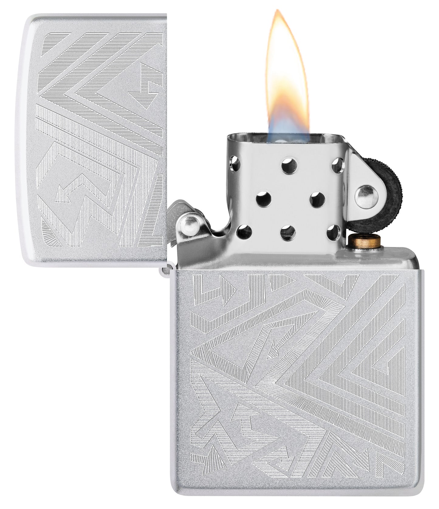 Zippo Which Way? Design Satin Chrome Windproof Lighter with its lid open and lit.