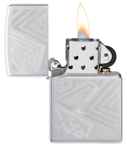 Zippo Which Way? Design Satin Chrome Windproof Lighter with its lid open and lit.