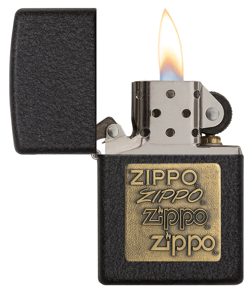 Front view of the Black CrackleÂ® Brass Zippo Logo Emblem Lighter open and lit
