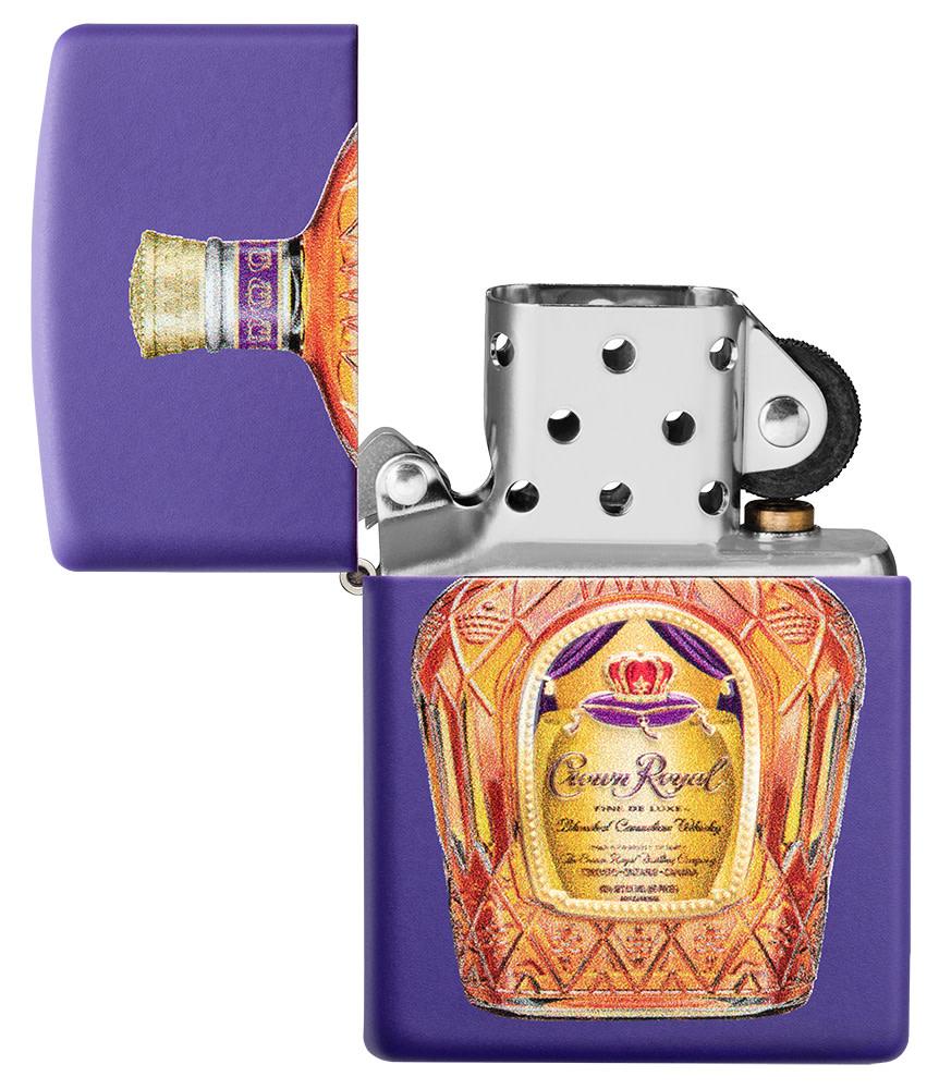 Crown Royal® Purple Matte Windproof Lighter with its lid open and unlit.