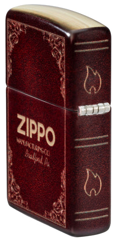 Angled shot of Zippo Storybook 540 Matte Windproof Lighter showing the back and hinge side of the lighter.