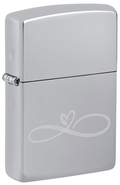 Front view of Infinity Heart Design Windproof Lighter standing at a 3/4 angle
