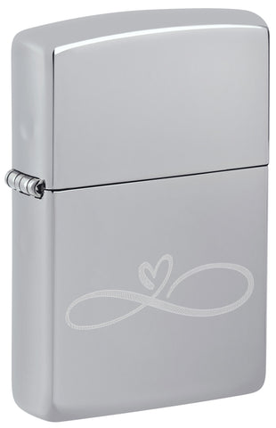 Front view of Infinity Heart Design Windproof Lighter standing at a 3/4 angle